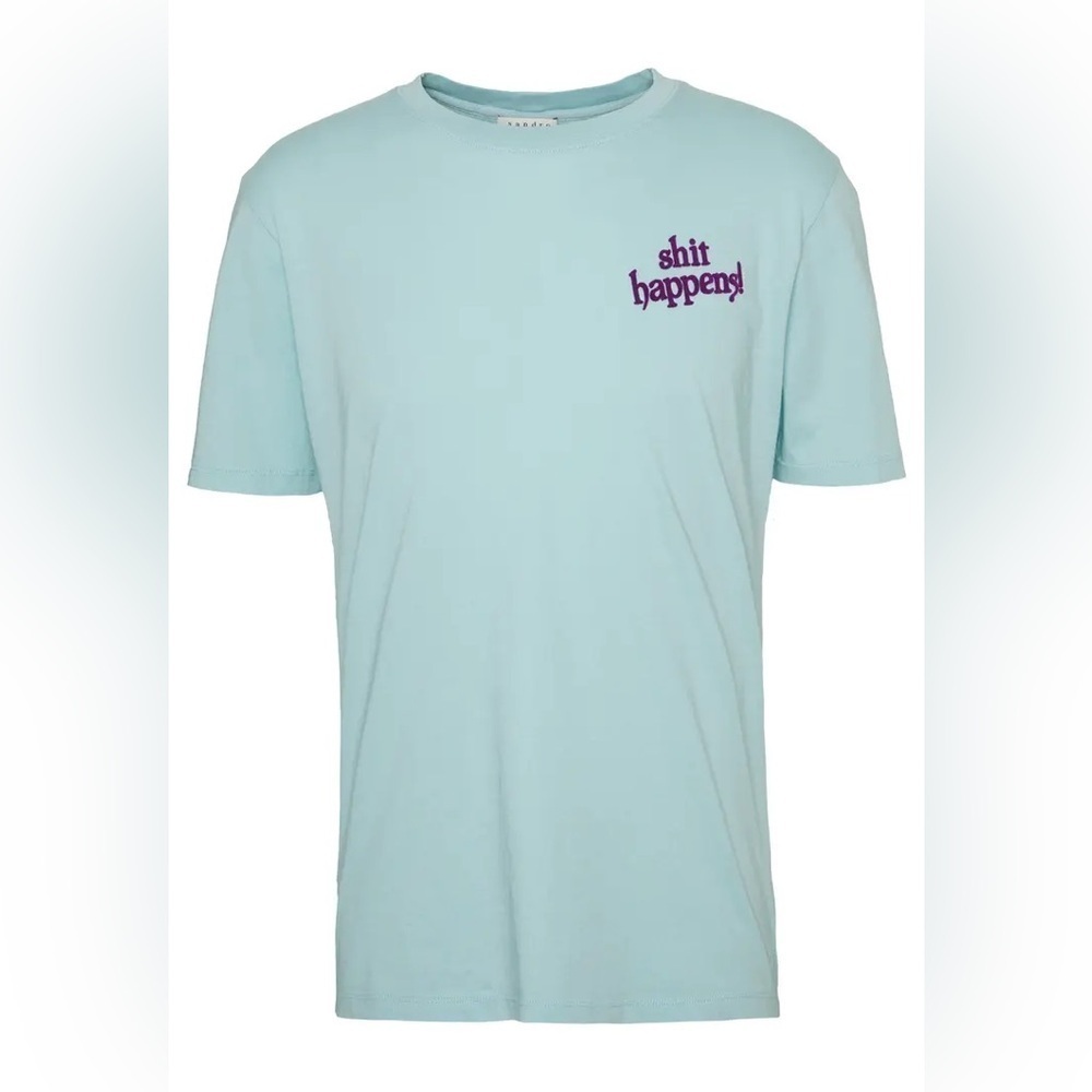 Sandro Men’s Light‎ Blue Crew Neck Shit Happens Short Sleeve Tee Small